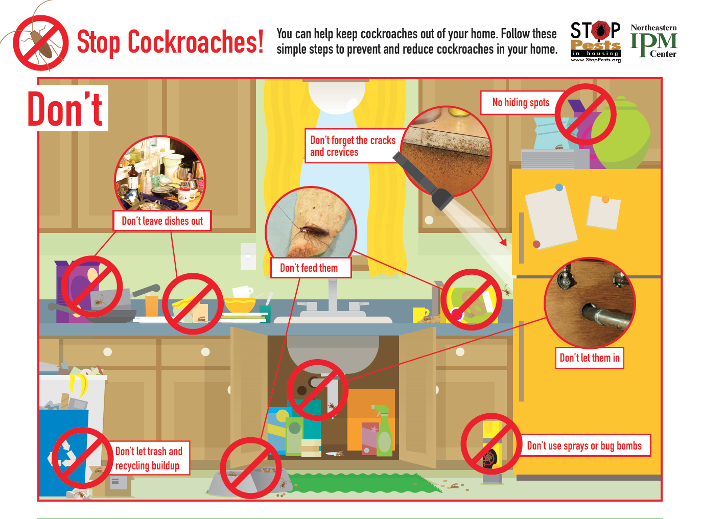 a guide with pictures shows what you should not do when treventing and controlling cockroaches.